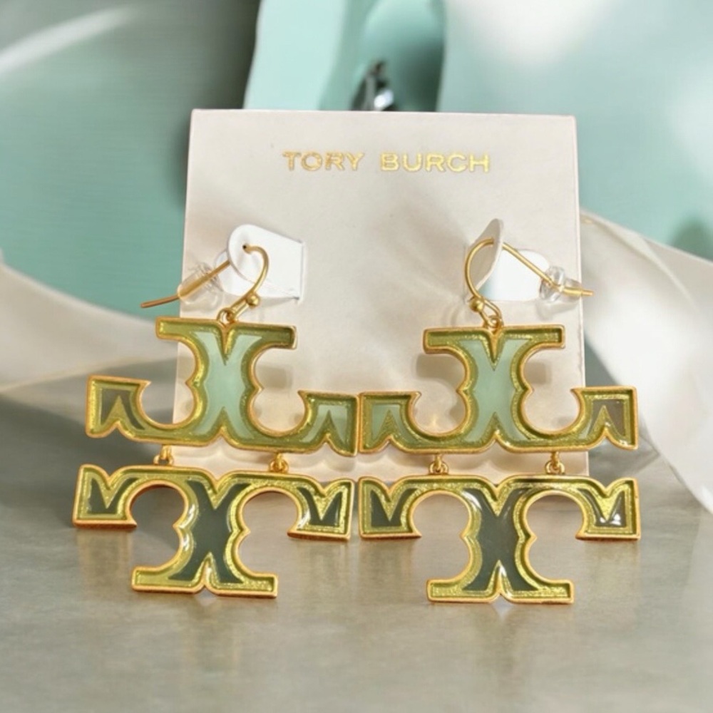 NEW Tory Burch Womens Britten Logo Green Drop Earrings (Gold) on TB Earring Card